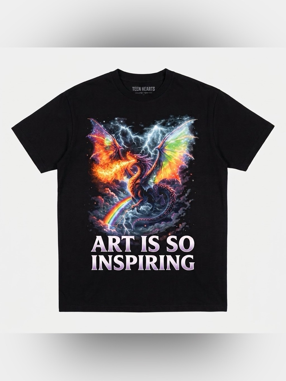 Black Short-Sleeve Tee with Rainbow Dragon Graphic